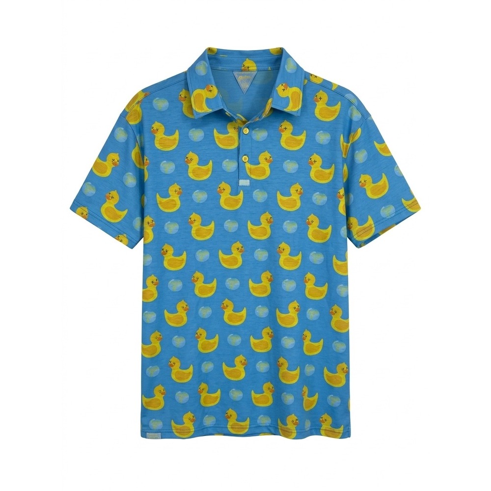Retro Rifle Killer Duck Blue Polo Shirt Mens Large L Rubber Ducky Gun Print